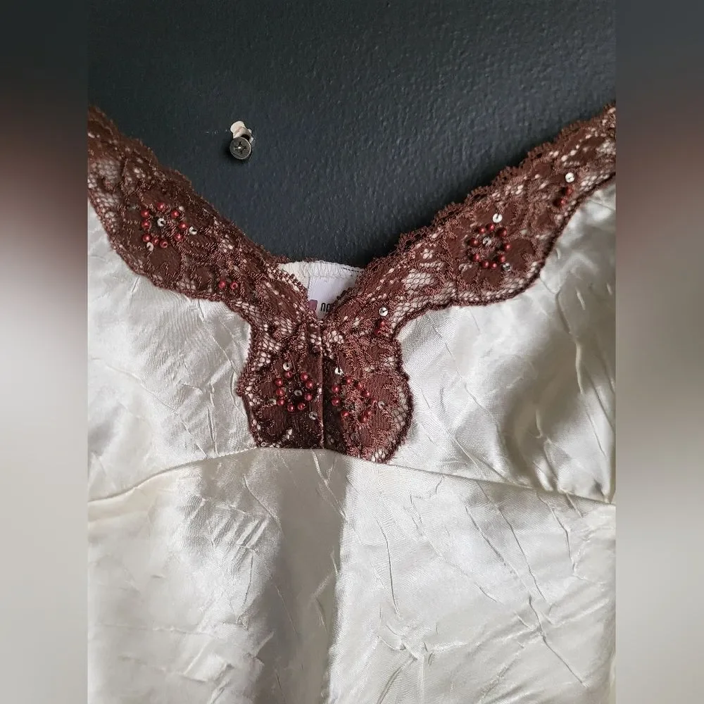 Y2k Babydoll Lace Trim Tank Cami Polyester Cream Sz L No boundaries